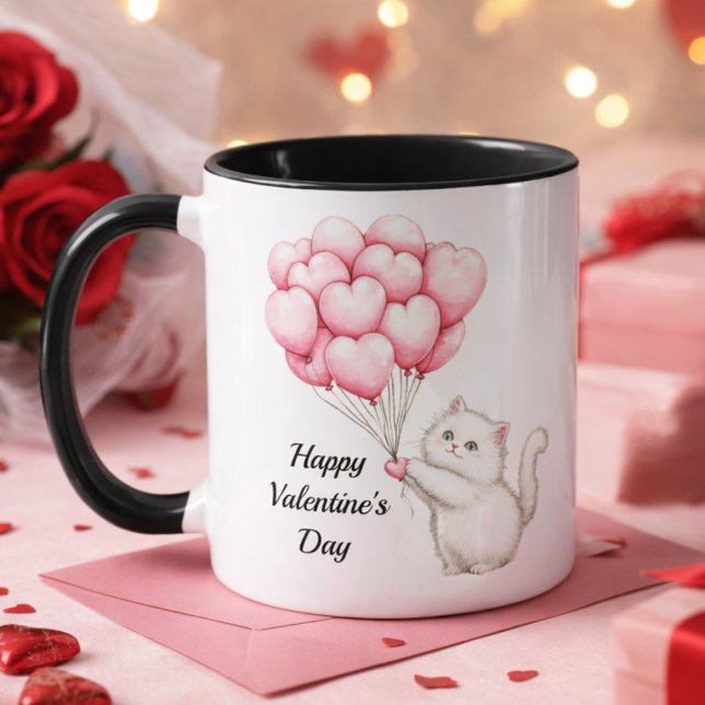 Cute Kitten Pink Heart Balloons Valentine’s Day Tasse (Von Creator hochgeladen)