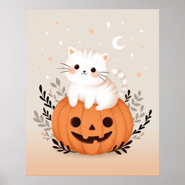 Cute Kitten Sitting On Pumpkin Modern Halloween  Poster (Vorne)
