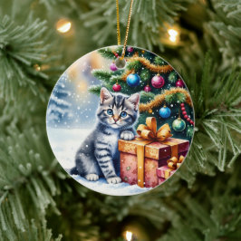 Cute Kitten Under Christmas Tree Keramik Ornament