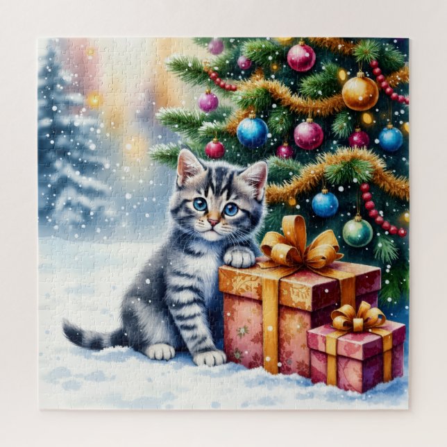 Cute Kitten Under Christmas Tree Puzzle (Vertikal)