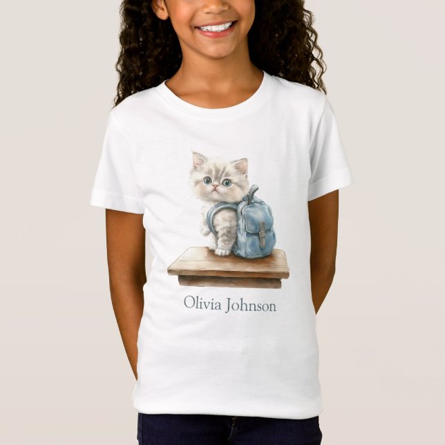 Cute Kitten with Backpack Personalized Kid T-Shirt (Vorderseite)