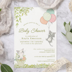 Cute Kittens & Floral Neutral Spring Baby Shower Einladung