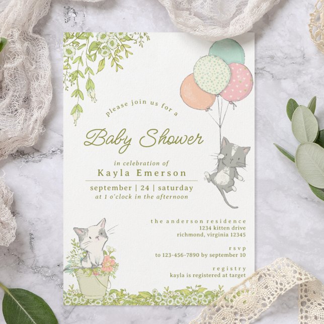 Cute Kittens & Floral | Neutral Spring Baby Shower Einladung (Von Creator hochgeladen)