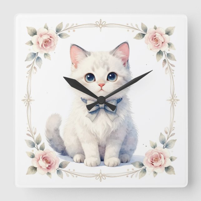 cute kitty cat clock quadratische wanduhr (Vorderseite)