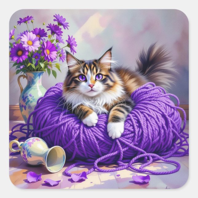 Cute Kitty Cat in Ball of Purple Yarn Quadratischer Aufkleber (Vorderseite)