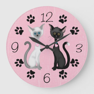 Cute Kitty Cats and Paw Prints ~ Black Pink White Große Wanduhr