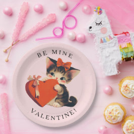 Cute Kitty Vintage Be Mine Valentine Pappteller