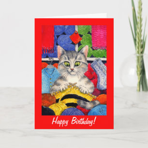 Cute knitting cat birthday or any occasion card karte