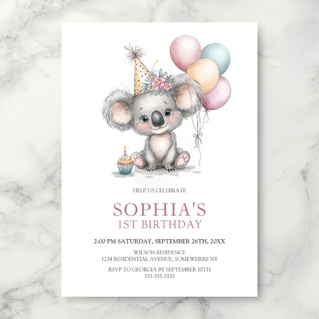 Cute Koala 1st Birthday Party Einladung (Von Creator hochgeladen)