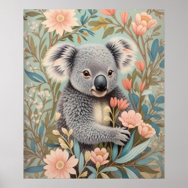 Cute Koala Elegant Pastel Floral Poster (Vorne)