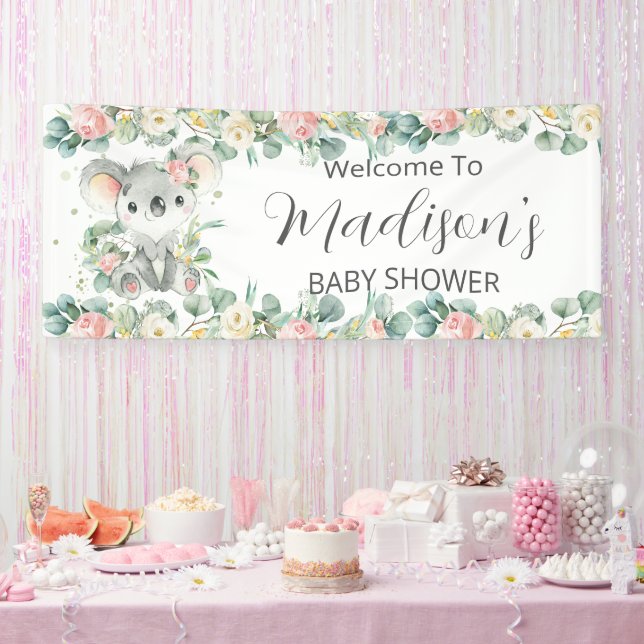 Cute Koala Pink Floral Greenery Welcome Backdrop  Banner (Party)