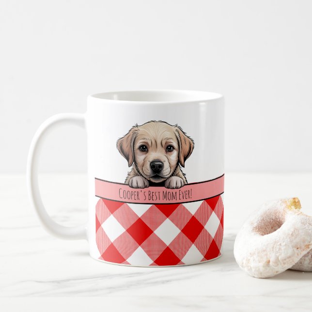 Cute Labrador Puppy Best Dog Mom Red Gingham Kaffeetasse (Mit Donut)