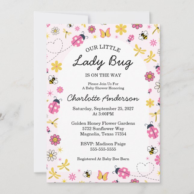 Cute Lady Bug Pink Girl Baby Shower Einladung (Vorderseite)