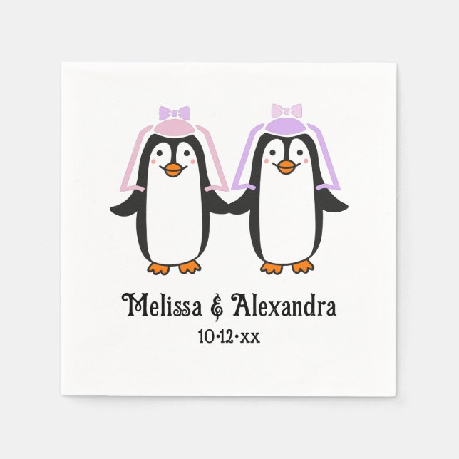 Cute Lady Penguins Wedding Couple Names Date #4 Serviette (Vorderseite)