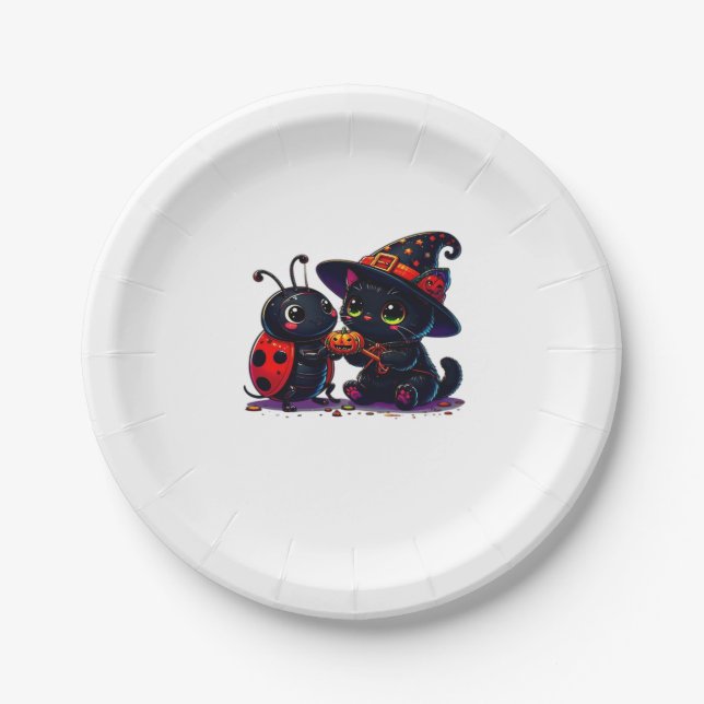 Cute Ladybug and Black Cat Halloween Classic T-Shi Pappteller (Vorderseite)
