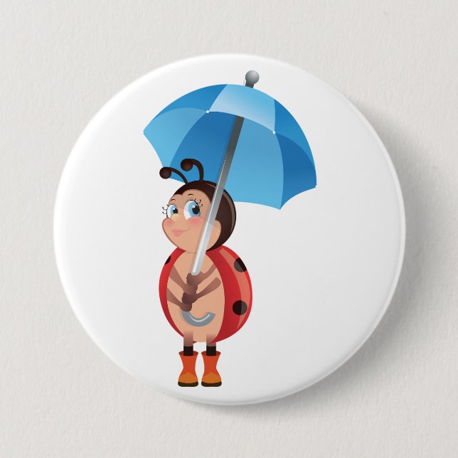 Cute Ladybug Blue Umbrella Rain Boots Button (Vorderseite)