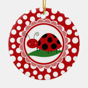 Cute Ladybug On A Leaf - Girls Red Black Keramik Ornament