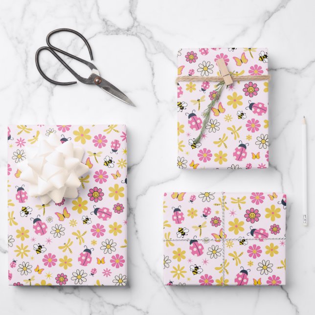 Cute Ladybug Pink Girl Baby Shower Geschenkpapier Set (Vorderseite)