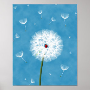 Cute ladybug sitting on top of a dandelion poster