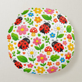 Cute Ladybugs Floral Kids with Flowers and Leaves Rundes Kissen