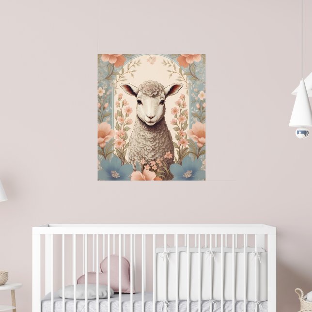 Cute Lamb Delicate Pastel Floral Poster (Kinderzimmer 2)