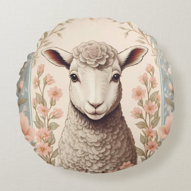 Cute Lamb Delicate Pastel Floral Rundes Kissen (Vorderseite)