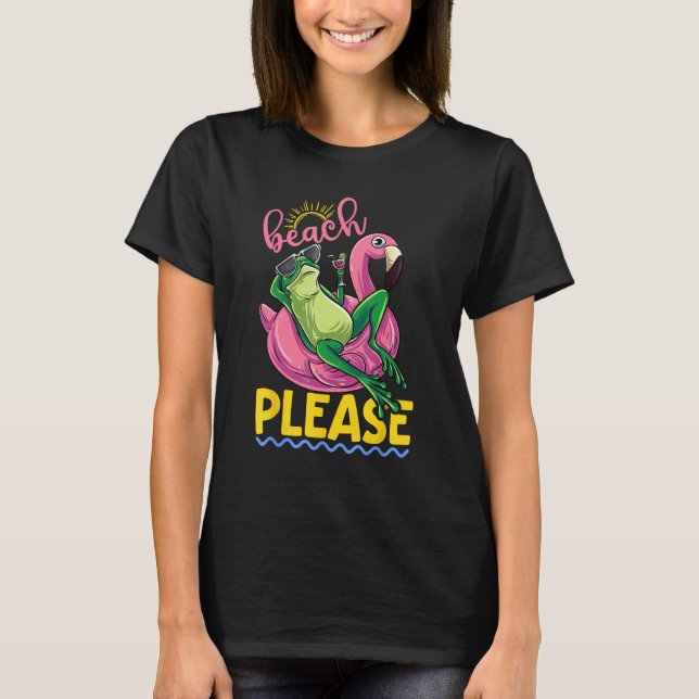 Cute Lazy Frog Pink Flamingo Beach Please Summer V T-Shirt (Vorderseite)