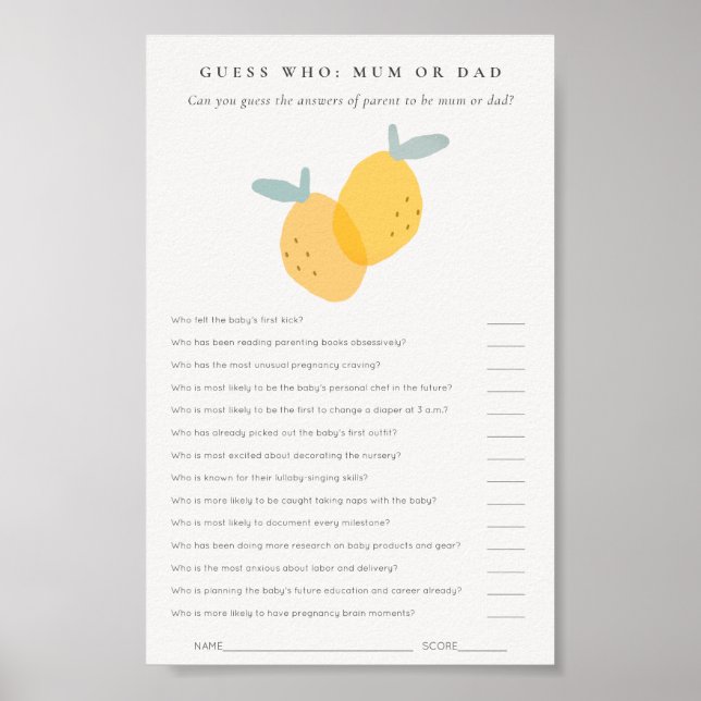 Cute Lemon Citrus Baby Shower Guess Who Mom or Dad Poster (Vorne)
