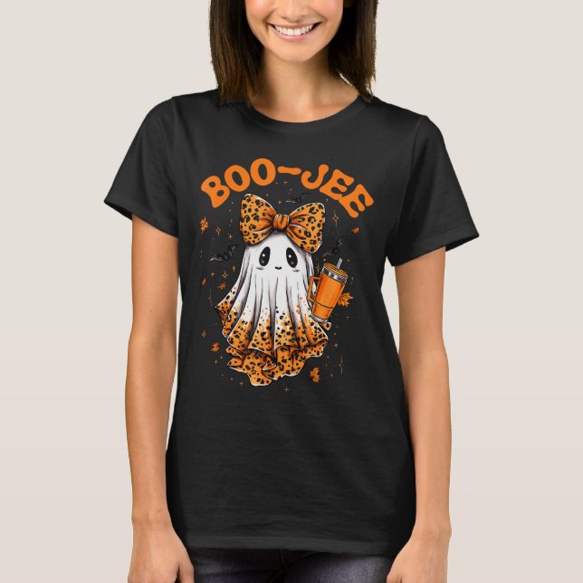 Cute Leopard Boo Jee Ghost Coffee Halloween Costum T-Shirt (Vorderseite)