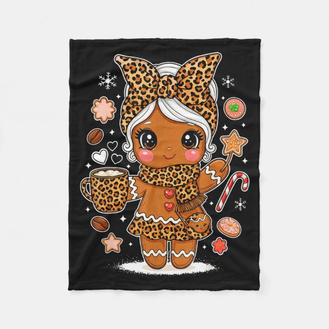 Cute Leopard Gingerbread Girl Coquette Bow Holiday Fleecedecke (Vorderseite)