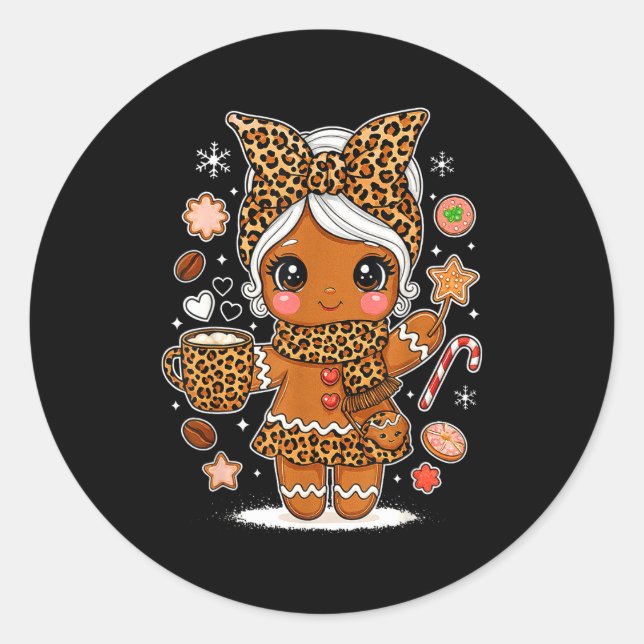 Cute Leopard Gingerbread Girl Coquette Bow Holiday Runder Aufkleber (Vorderseite)