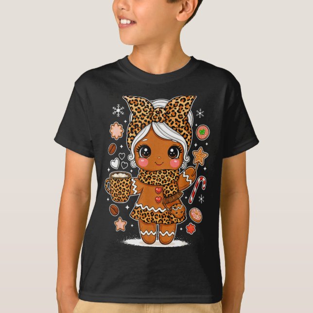Cute Leopard Gingerbread Girl Coquette Bow Holiday T-Shirt (Vorderseite)