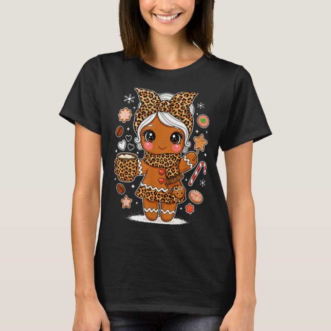 Cute Leopard Gingerbread Girl Coquette Bow Holiday T-Shirt (Vorderseite)