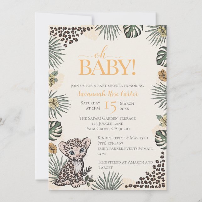 Cute Leopard Safari Gender Neutral Baby Shower Einladung (Vorderseite)