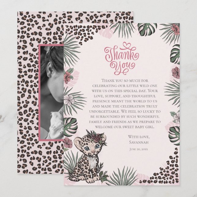 Cute Leopard Safari Girl Baby Shower Dankeskarte (Vorne/Hinten)