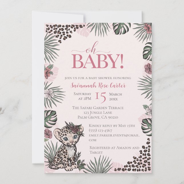 Cute Leopard Safari Girl Baby Shower Einladung (Vorderseite)