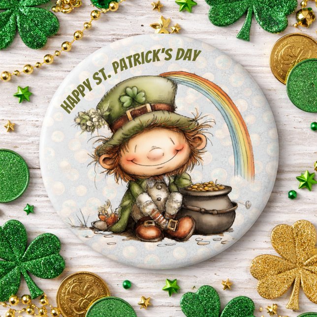 Cute Leprechaun With Pot of Gold and Rainbow Button (Von Creator hochgeladen)