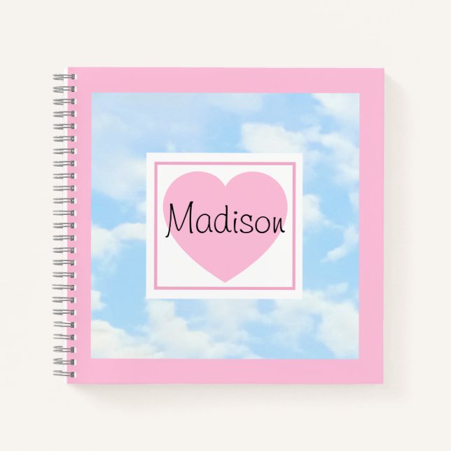 Cute Light Blue Cloudy Sky Pink Heart Custom Name Notizbuch (Vorderseite)