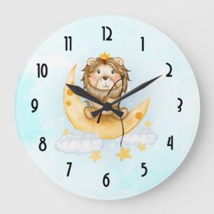 Cute Lion Fishing on the Moon Watercolor Große Wanduhr