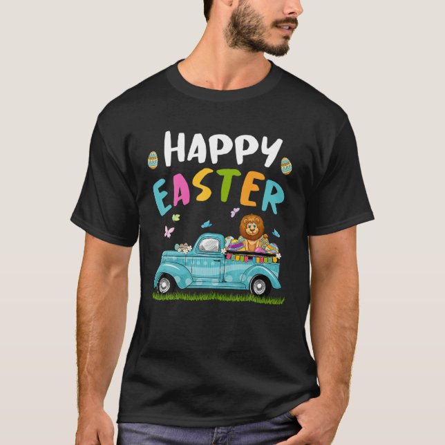 Cute Lion With Bunny Ears Egg Hunting Truck Easter T-Shirt (Vorderseite)