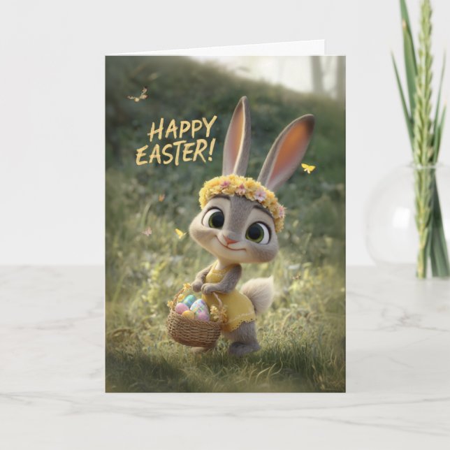 Cute Little Baby Bunny in a Yellow Dress Easter Karte (Vorderseite)
