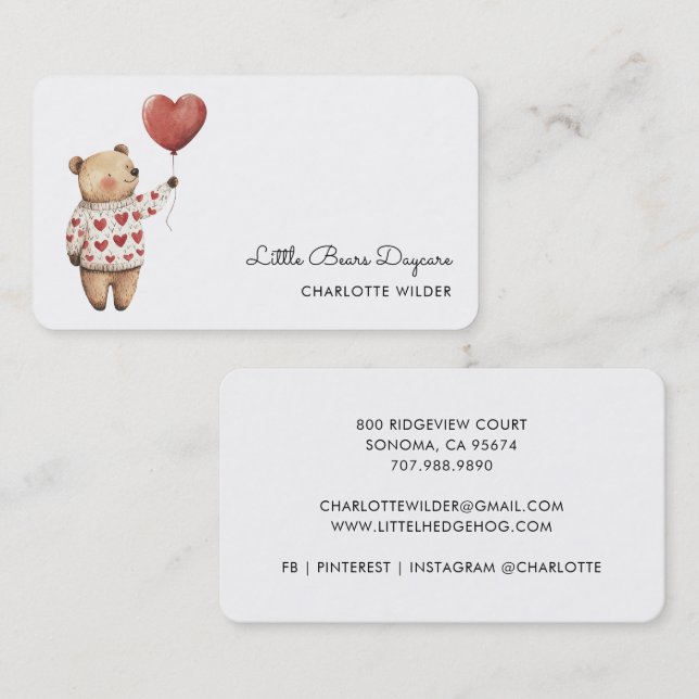 Cute Little Bear Daycare Business Card Visitenkarte (Vorne/Hinten)