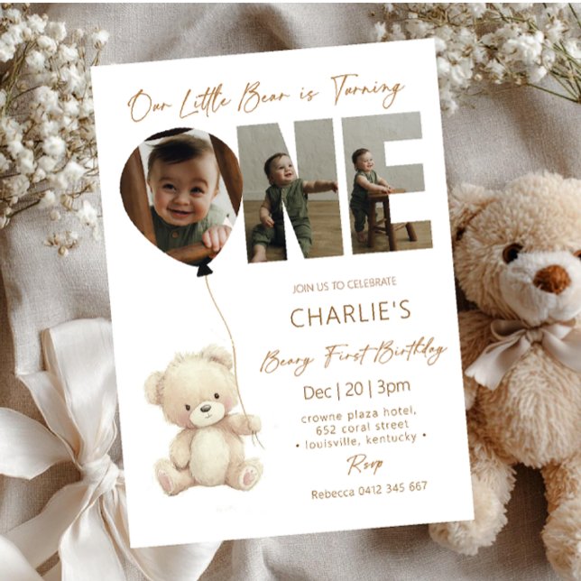 Cute Little Bear Neutral with Photo 1st Birthday  Einladung (Von Creator hochgeladen)