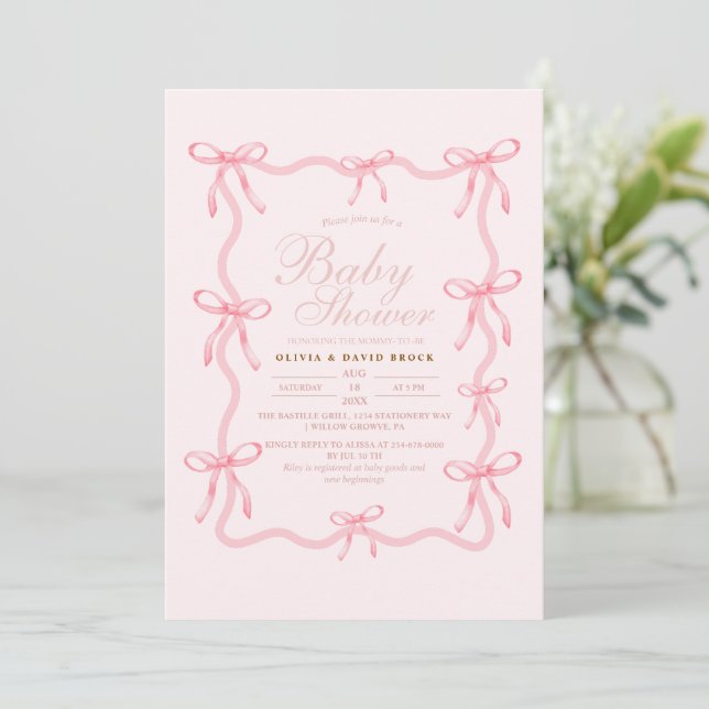 Cute Little Bow Pastel Baby Shower Einladung (Stehend Vorderseite)