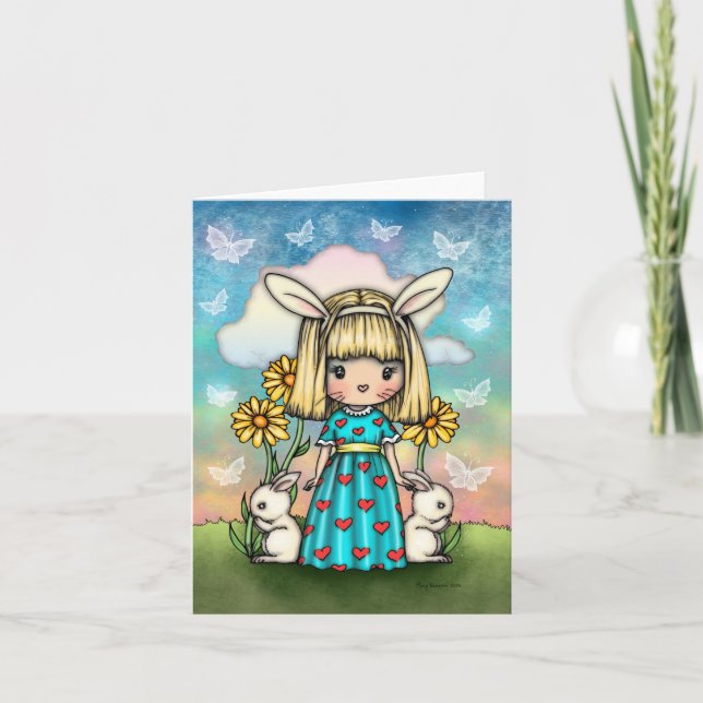 Cute Little Bunny Girl with Bunnies Fantasy Art Karte (Vorderseite)