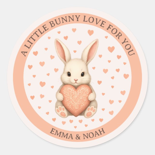 Cute Little Bunny Love with Heart on Soft Blush Runder Aufkleber (Vorderseite)