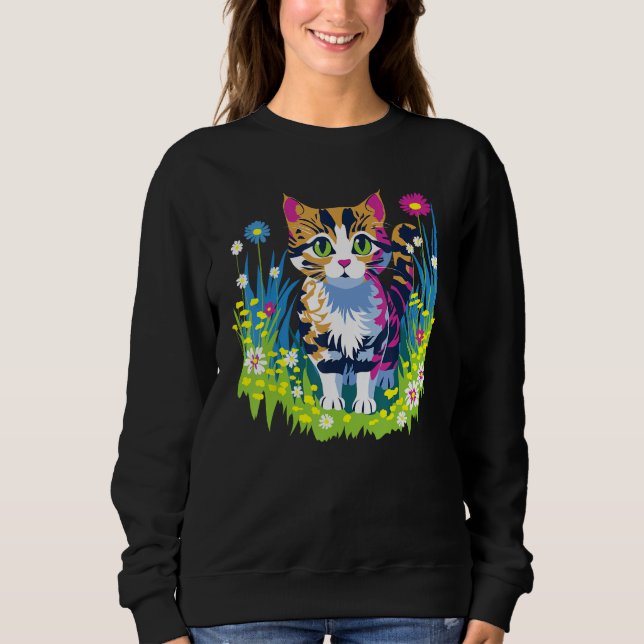 Cute Little Cat Animal and Flowers Sweatshirt (Vorderseite)