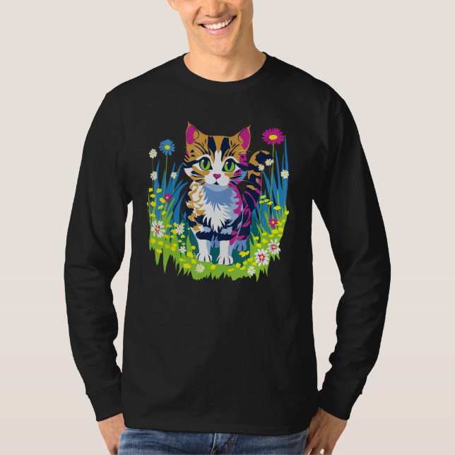 Cute Little Cat Animal and Flowers T-Shirt (Vorderseite)