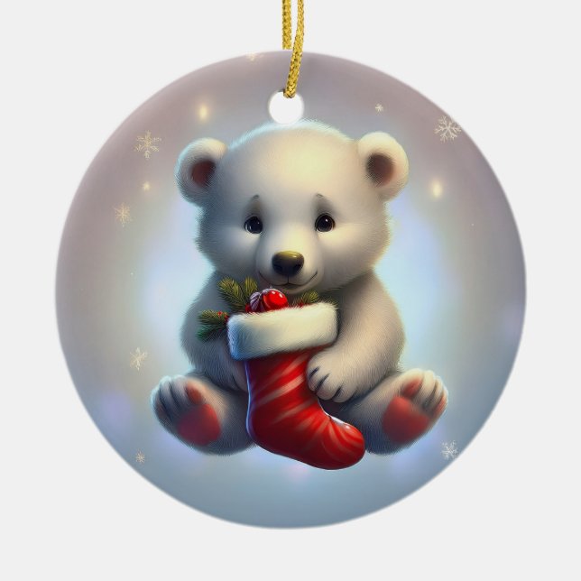 Cute Little Christmas Polar Bear Keramik Ornament (Vorne)