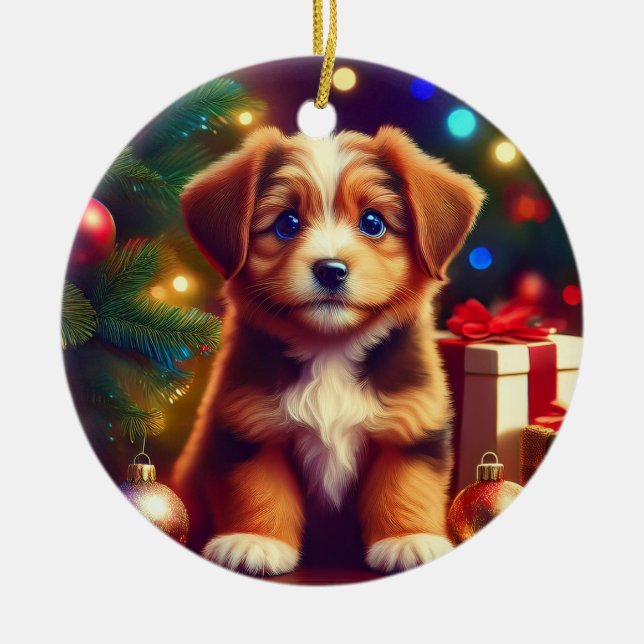 Cute Little Christmas Puppy Keramik Ornament (Vorne)